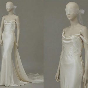 A mannequin wearing a long, off-the-shoulder white wedding dress with a flowing train.