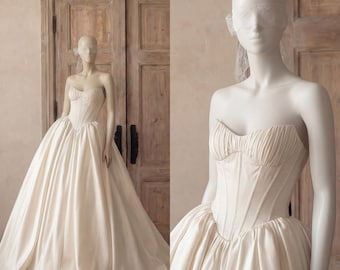 Drop Waist Wedding Dress, Satin 1920s Bridal Gown, Corset Lace Up Back, Strapless Basque Fitted Waist, Mikado Romantic Ball Gown (Azura)