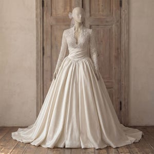catholic wedding dress Satin Modest Wedding Dress: Long Sleeves, Cathedral Train, Winter Bridal  Gown for Church Ceremony