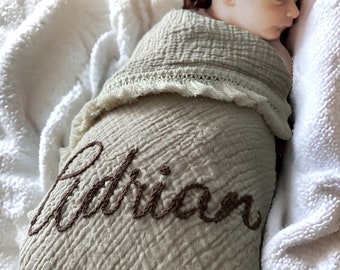 Personalized Baby Blanket,Hand Embroidered,Organic Muslin Swaddle, Blanket with Name, Muslin Baby Blanket  Swaddle, Custom Boho Baby Gift