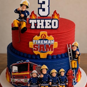 May include: A two-tiered cake decorated with Fireman Sam theme toppers. The top tier is red, the bottom is blue. It features figurines of Fireman Sam, a fire engine, a fire hydrant, flames, and a blue number 3 topper with the name THEO.