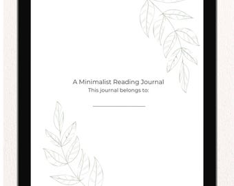 May include: A digital tablet displaying a minimalist reading journal. The journal's cover features the text "My Reading Journey" and "A Minimalist Reading Journal." Delicate leaf illustrations adorn the corners. The journal includes a space to write "This journal belongs to:"