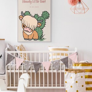 Custom Western Nursery Print, Highland Cow, Cactus, Customizable Date Western Baby Decor, Western Nursery Art , Unique Baby Gift