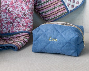 Custom Makeup Bag, Quilted Denim Makeup Bag with Personalization, Toiletry Bag with Name, Travel Makeup Bag, Personalized Bridesmaid Gifts