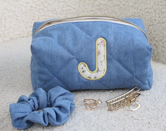 Initial Letter Patch Denim Makeup Bag with Hair Scrunchie, Monogram Cosmetic Bag, Gift For Women, Gift for Girls, Personalized gift