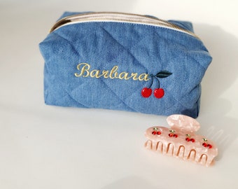 Quilted Blue Denim Makeup Bag with Personalized Embroidered Name, Berry makeup bag, Gift For Makeup Lovers, Ideal Gift for Mom or Sister