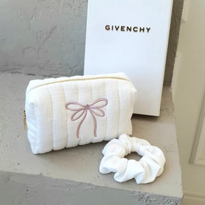 Borsa cosmetica con fiocco, organizer per borsa per il trucco da donna, beauty case compatto, pochette per il trucco fatta a mano, borsa per il trucco da damigella d'onore, regalo per la mamma