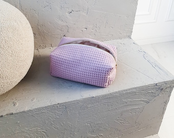 Waffle Cotton Cosmetic Bag: Handmade Travel Toiletry Pouch
