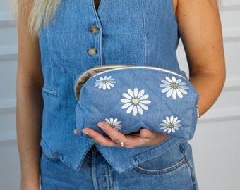 Quilted Denim Cosmetic Bag, Denim Toiletry Bag with Embroidered Daisies, Cosmetic Bag for Travel, Gift For Mother's Day, Gift for sister