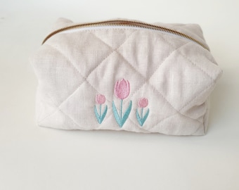 Quilted Cream Linen Toiletry Bag with an Embroidered Tulips, Sustainable Linen Makeup Pouch, Gift for mother's day, Best Friend Gift