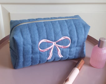 Bow Makeup Bag, Coquette Denim Cosmetic Bag With Embroidered Pink Bow, Quilted Travel Bag, Gift for Best Friend