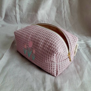 Waffel Baumwolle Kosmetiktasche mit Reißverschluss, Gestickte Tulpen Make-up Tasche, Geschenk für Mutter, Geschenk für Schwester, Geschenk für den besten Freund