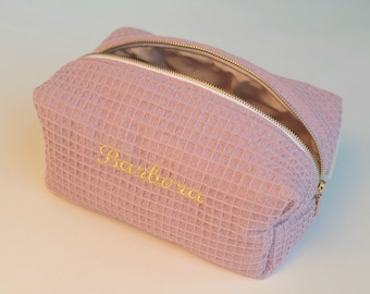 Personalized Waffle Cotton Makeup Bag with Custom Name Embroidery, Eco-Friendly Cosmetic Pouch, Perfect Gift For Sister, Daughter