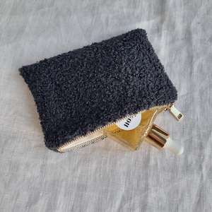 Black Sherpa Mini Zipper Pouch: Handmade Fluffy Coin Purse
