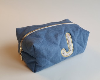 Custom Initial Patch Denim Makeup Bag, Personalized Monogram