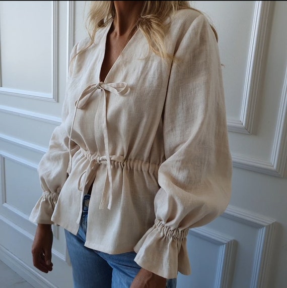 MELISSA Romantic Linen Cream Blouse With Bows, Tie Front Linen