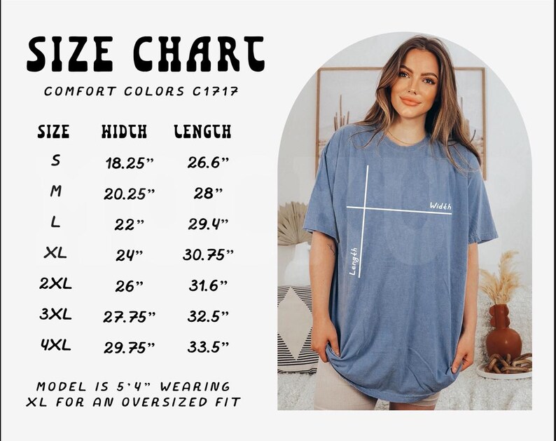 K&ouml;nnte beinhalten: Gr&ouml;&szlig;entabelle f&uuml;r ein T-Shirt mit Ma&szlig;en in Zoll. Die Tabelle zeigt die Breite und L&auml;nge des T-Shirts in den Gr&ouml;&szlig;en S, M, L, XL, 2XL, 3XL und 4XL. Das Model tr&auml;gt ein T-Shirt in Gr&ouml;&szlig;e XL.