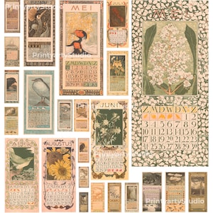 Colorful Set Of 40 Vintage Calendars / Beautiful Printable Antique Wall Calendar Pages / High Resolution  / Printable Wall Art
