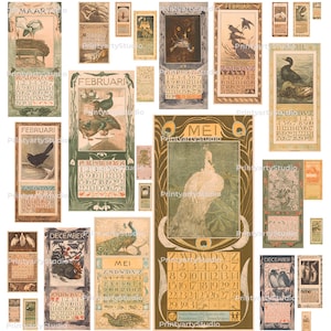Colorful Set Of 90 Vintage Calendars / Beautiful Printable Antique Wall Calendar Pages / High Resolution  / Printable Wall Art
