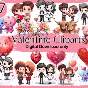 Valentine clip art cute couple; boy and girl valentine clip art; anime looking valentine clipart;digital download clip arts