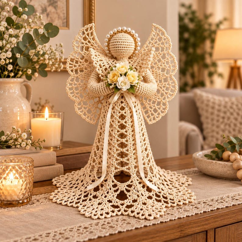 May include: A crocheted angel figurine in a light beige yarn, featuring an intricate openwork pattern on the wings and dress. The figure has a halo of white pearls, holds a small bouquet of cream and yellow roses, and is accented with a ribbon.