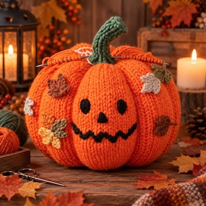 Könnte beinhalten: Ein runder, orangefarbener Strickkürbis mit grünem Stiel, einem schwarz gestickten Jack-o'-Lantern-Gesicht und kleinen gehäkelten Blättern in herbstlichen Farben auf der Oberfläche. Zwei Stricknadeln stecken oben im Kürbis.