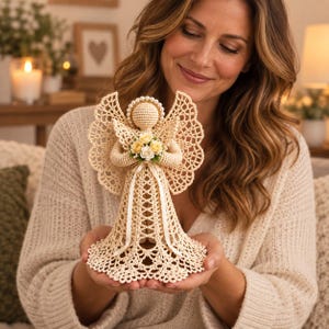 May include: A cream-colored crochet angel figurine featuring an intricate lace-like dress and wings, a halo made of small white beads, and a bouquet of pale yellow and white fabric roses held at the center with a thin satin ribbon tie.