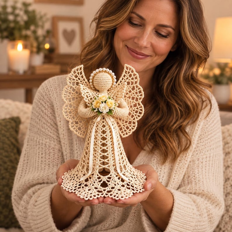 May include: A cream-colored crochet angel figurine featuring an intricate lace-like dress and wings, a halo made of small white beads, and a bouquet of pale yellow and white fabric roses held at the center with a thin satin ribbon tie.