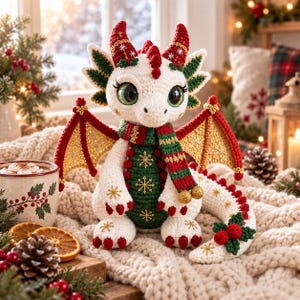 May include: A crocheted dragon plush toy featuring a white body with red and green accents, large green eyes, and gold-trimmed wings. The dragon wears a striped scarf and is decorated with embroidered gold snowflakes and red holly berry details.