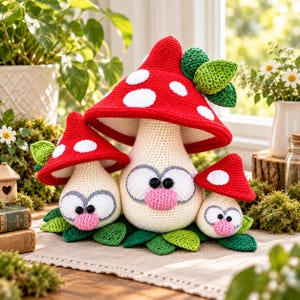 Puede incluir: Un conjunto de tres figuras de setas de ganchillo con sombreros rojos de lunares blancos, tallos color crema, grandes ojos blancos con pupilas negras y pequeñas narices rosas. Cada seta está rodeada por pequeñas hojas verdes de ganchillo.
