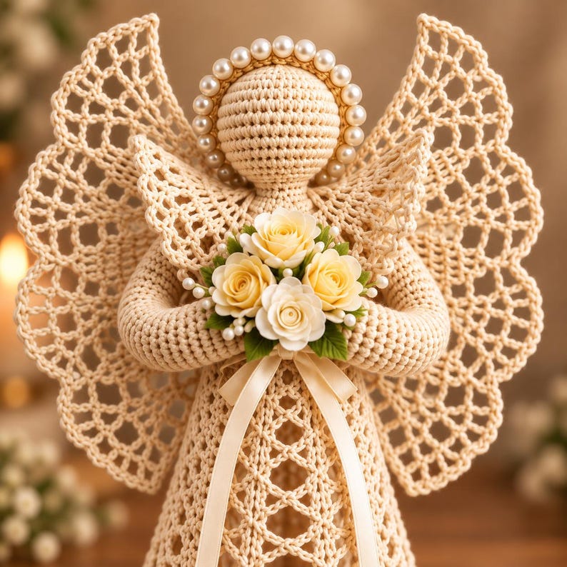 May include: A cream-colored crocheted angel figurine featuring an intricate lace-like wing pattern, a halo adorned with white pearls, and a bouquet of three pale yellow and white roses held at the center, finished with a smooth satin ribbon.
