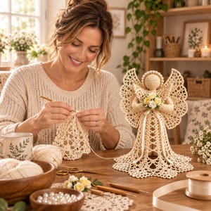 May include: A crocheted angel figurine in a light cream color, featuring an intricate lace-like pattern on the wings and dress, a halo of small white beads, and a bouquet of pale yellow and white flowers held at the center of the chest.