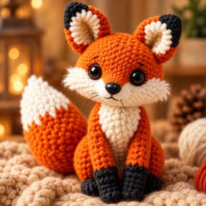 Könnte beinhalten: Ein gehäkeltes Fuchs-Stofftier aus leuchtend orangefarbenem Garn mit weißer Brust und Schnauze sowie schwarzen Akzenten an den Ohren und Pfoten. Der Fuchs hat große schwarze Kunststoffaugen, eine kleine schwarze Nase und feine schwarze Schnurrhaare.