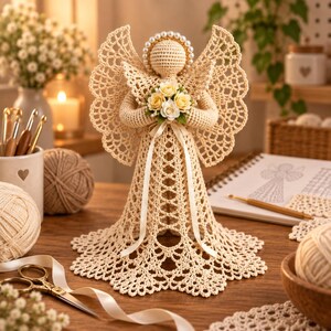 May include: A beige crochet angel figurine featuring intricate lace wings, a halo of white pearls, and a small bouquet of cream-colored roses held in its hands. The figure is crafted with detailed stitching and adorned with a long, thin white ribbon.