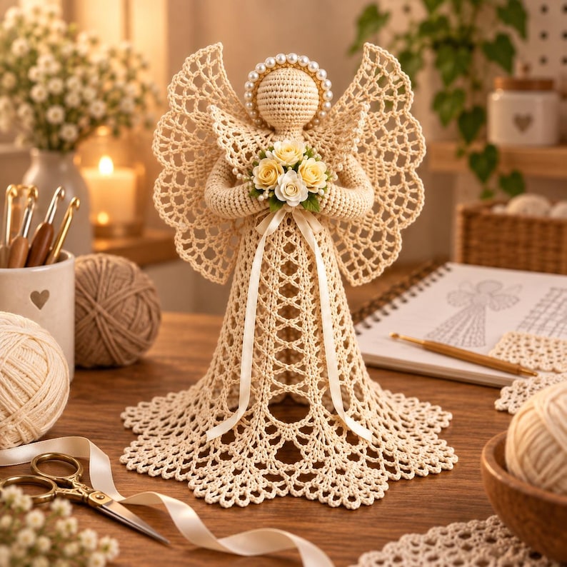 May include: A beige crochet angel figurine featuring intricate lace wings, a halo of white pearls, and a small bouquet of cream-colored roses held in its hands. The figure is crafted with detailed stitching and adorned with a long, thin white ribbon.
