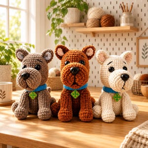 May include: Three crocheted dog plushies sitting in a row on a wooden surface. The dogs are light brown, medium brown, and cream-colored. Each plushie features large black plastic eyes, a black nose, and a bright blue collar with a green clover charm.