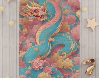 Couverture pour bébé Year Of The Dragon - Couverture pour tout-petit Nouvel An lunaire chinois en bleu tranquille et rose avec des touches dorées