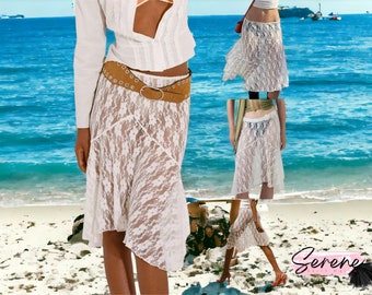 Lace White Midi Skirt | See-Through Floral Style | Low Waist Beachwear