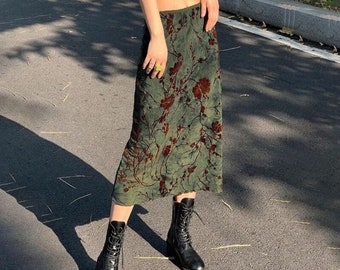 Women's Long Green Floral Maxi Skirt | Boho Low Waist | Casual Clothing