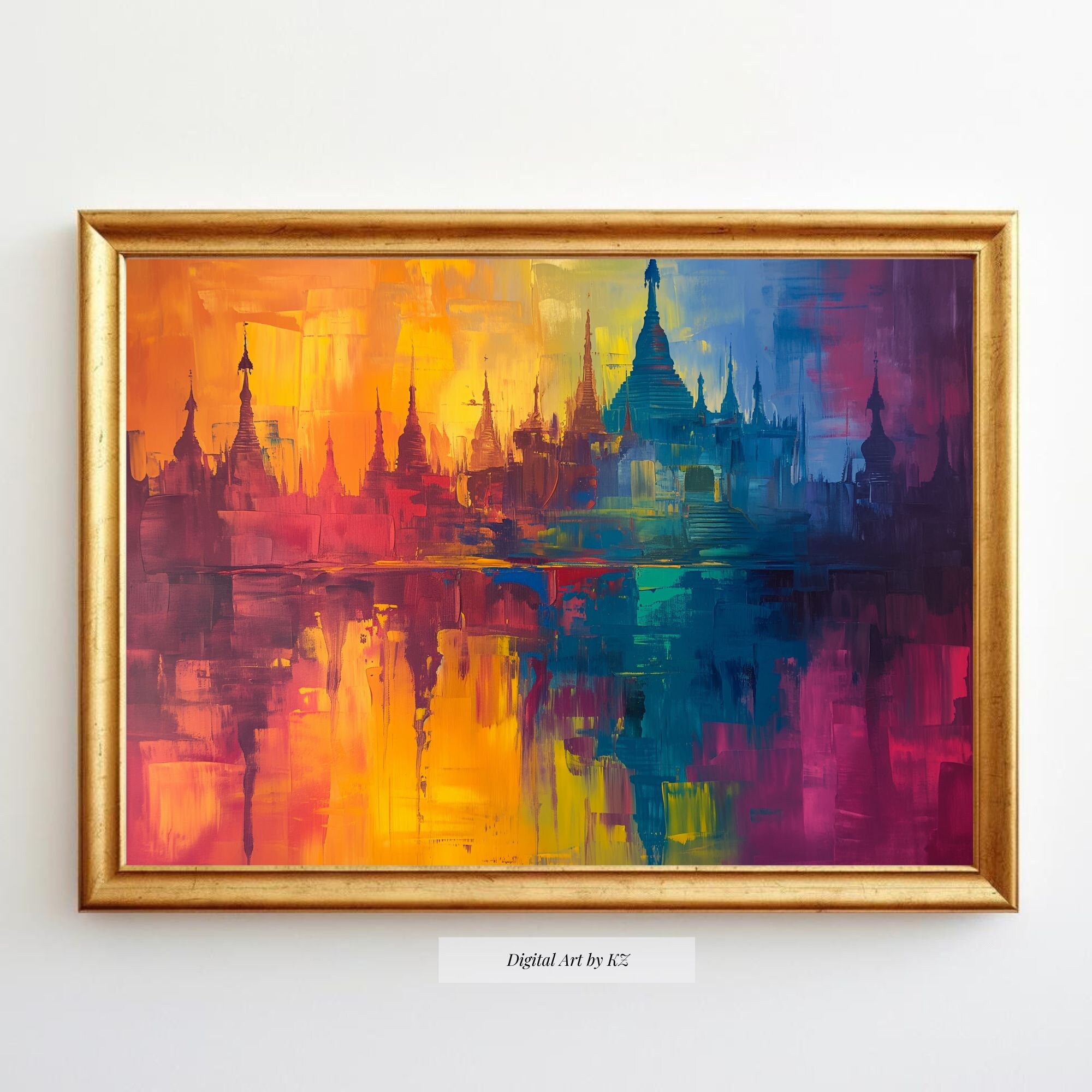 ミャンマーのパゴダの油絵、ミャンマーのオリジナル絵画、オリジナルの