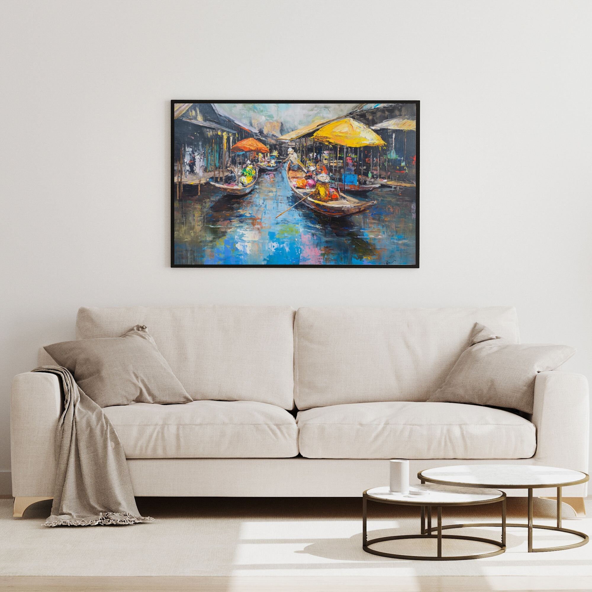 【在庫処分】 Floating Myanmar Market Lifestyle Myanmar Painting, Oil 絵画