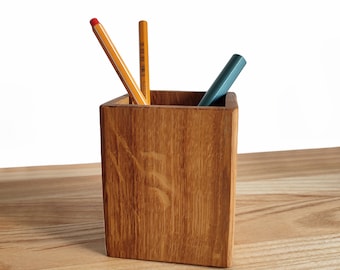 Oak Wood Pen Holder: Desk Organizer, Cosmetic Brush Storage