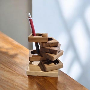 Handmade Walnut Wood Pen Holder: Two-Tier Desk Organizer