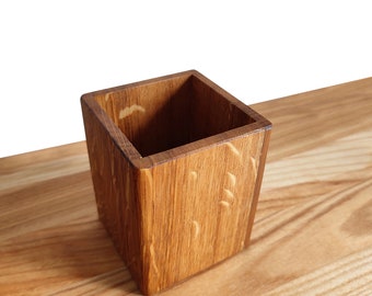 Oak Wooden Pencil Cup: Desk Organizer, Cosmetic Brush Holder