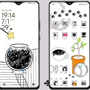 Conjunto de temas Black Cat on the Run, íconos de aplicaciones dibujados a mano, conjunto de iOS y Android, fondo de pantalla, widgets, kawaii, negro, blanco, gato, íconos, tema de teléfono