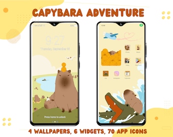 Capybara Adventure theme set, hand drawn app icons, ios and android set, wallpaper, widgets, kawaii, yellow, capybara, icons, phone theme