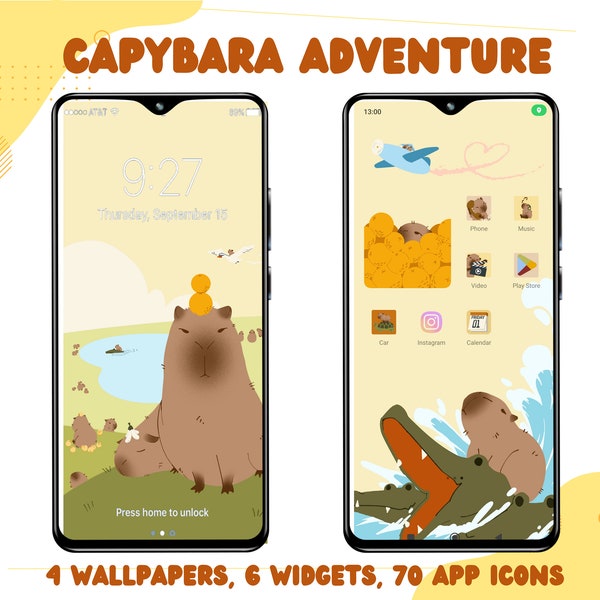 Capybara Adventure theme set, hand drawn app icons, ios and android set, wallpaper, widgets, kawaii, yellow, capybara, icons, phone theme
