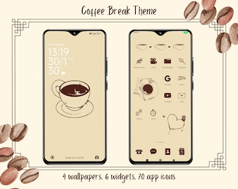 Coffee Break theme set, hand drawn icons, iOS and android set, wallpapers, widgets, aesthetic, coffee, brown, beige, icons,phone theme