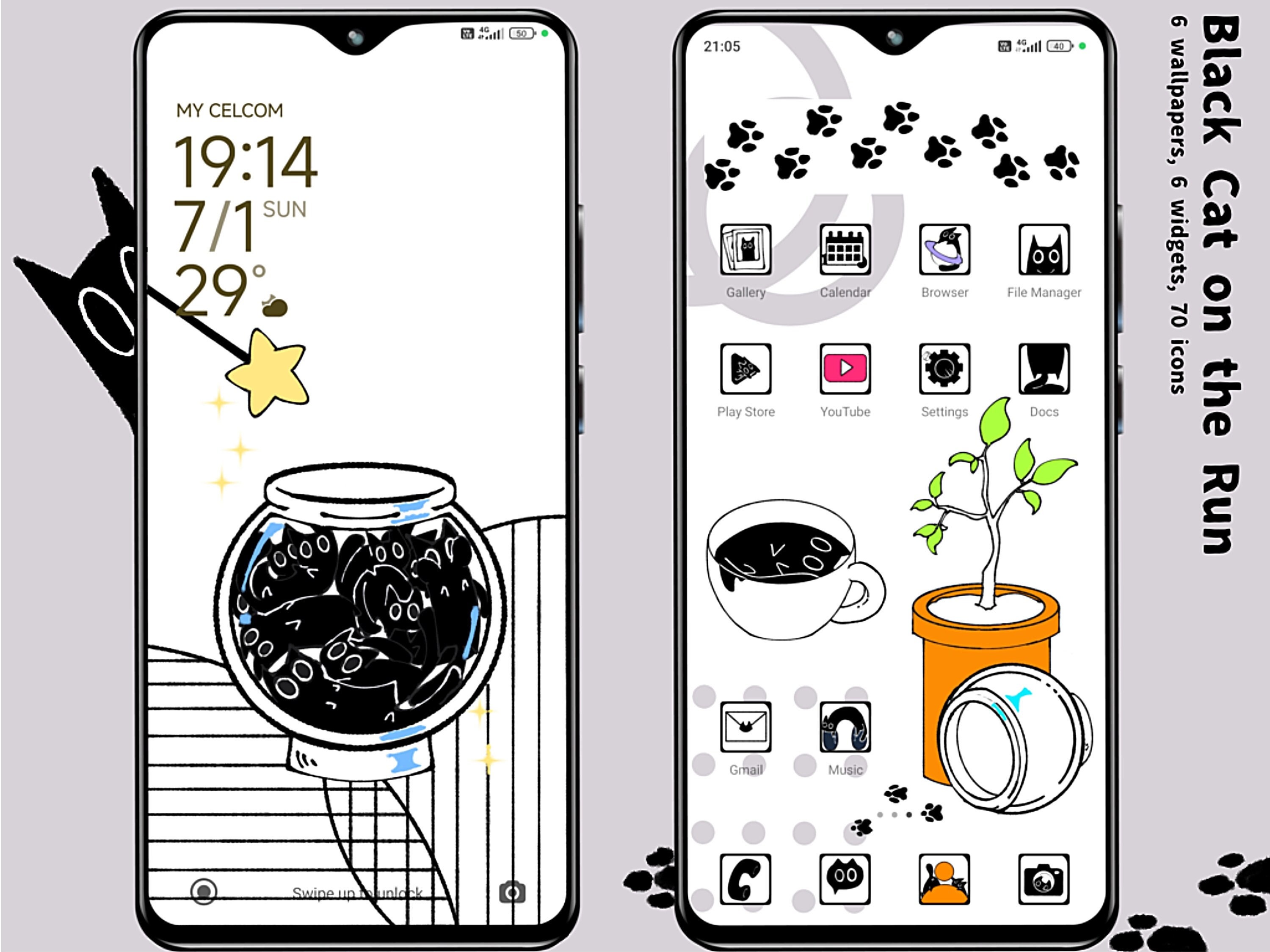 Black Cat on the Run theme set, hand drawn app icons, ios and android set, wallpaper, widgets, kawaii, black, white, cat, icons, phone theme