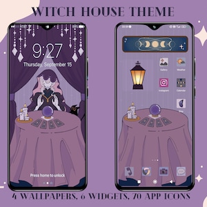 May include: A witch house themed phone home screen with a purple background. The home screen features a witch with a crystal ball, tarot cards, and candles. The time is 9:27 and the date is Thursday, September 15. The text "Press home to unlock" is displayed at the bottom of the screen.